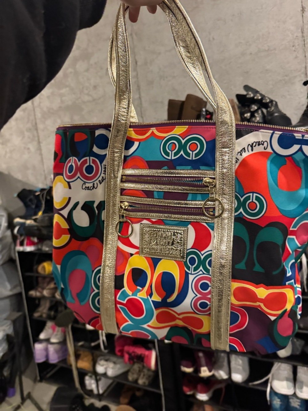 Coach Multicolor Logo-Print Tote with Gold-Tone Straps